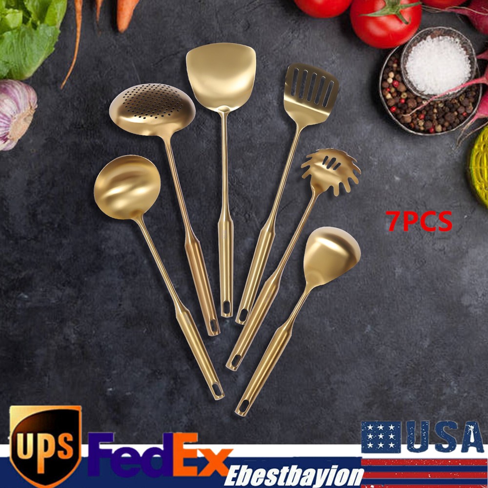 7pcs Kitchen Cooking Utensils Set Stainless Steel Serving Set with Stand Stylish