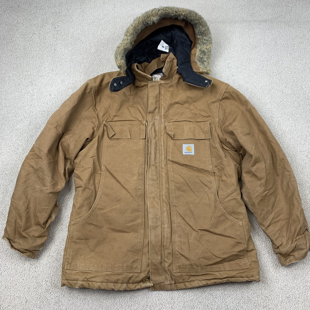 Carhartt Men's Size 42 Brown Hooded Full Zip Winter Work Jacket Warm Workwear