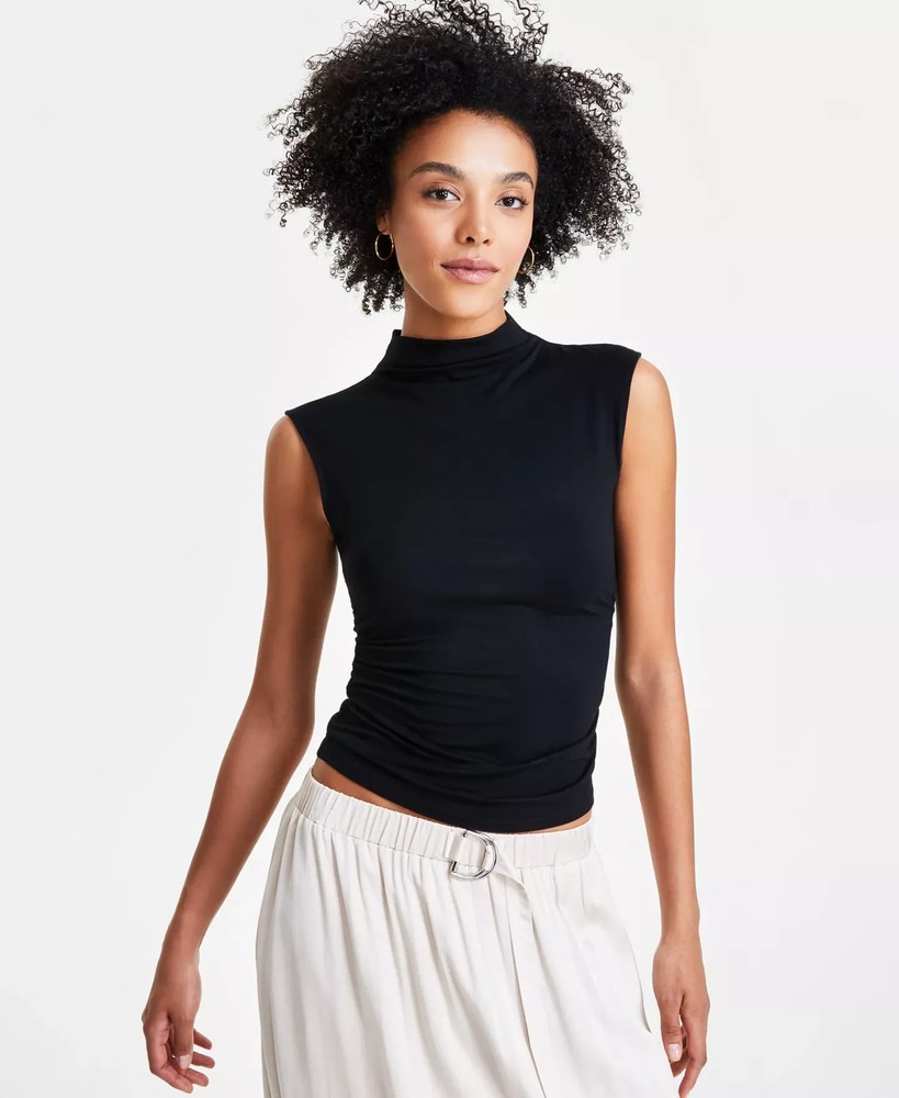 Bar III Women's Top Petite P2XS Side-Ruched Mock-Neck Sleeveless