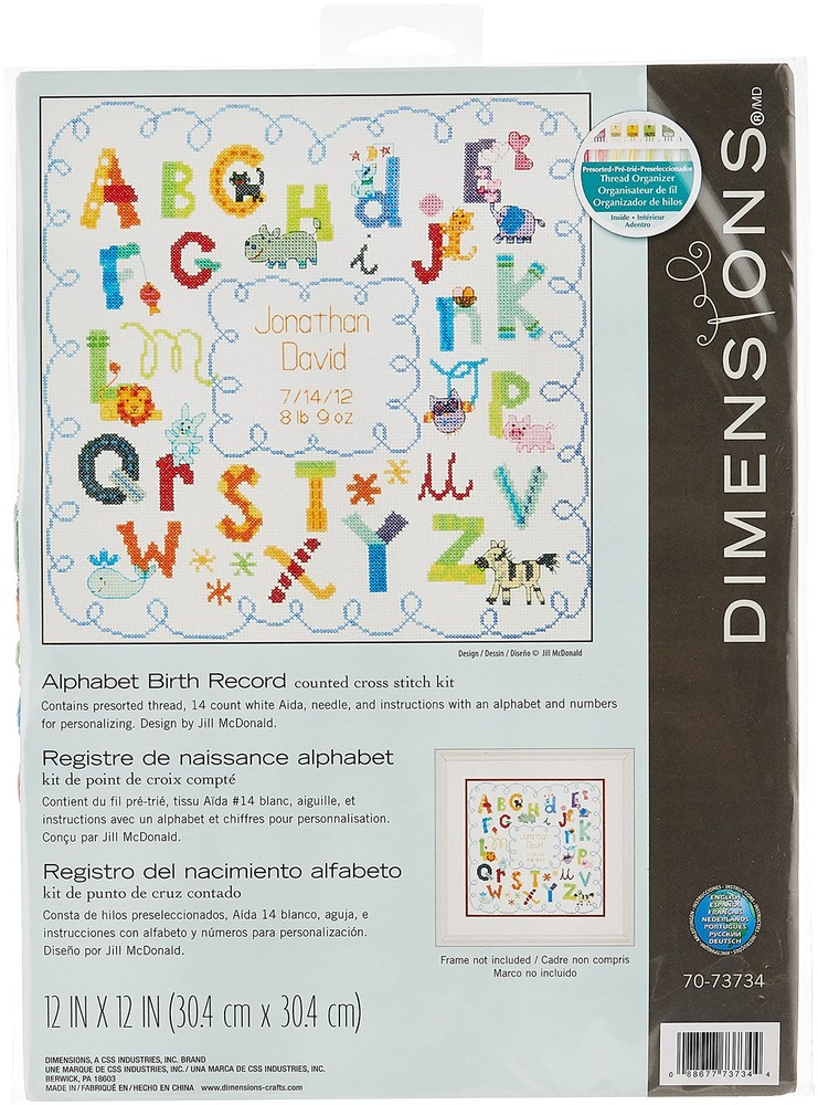 Alphabet Birth Record Cross Stitch Kit 12x12 White Pastels Design