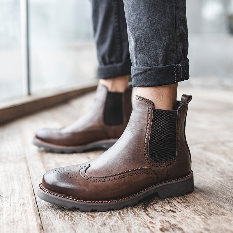 Mens Real Leather Carved Wing Tip Chelsea Ankle Boots Brogues British Style Work