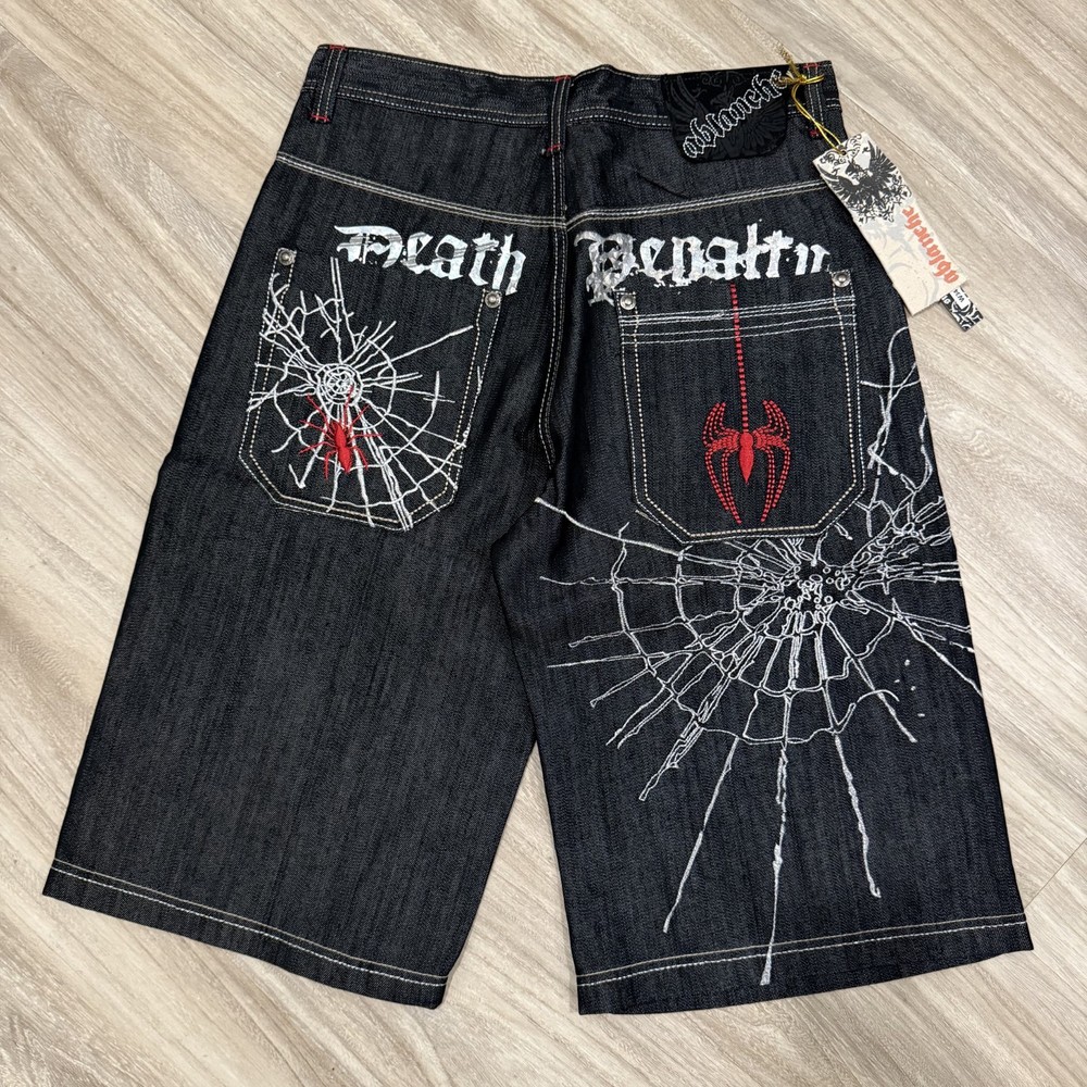 Y2K Ablanche Jean Shorts Mens 34 Spider Embroidered Pockets Death Penalty RARE