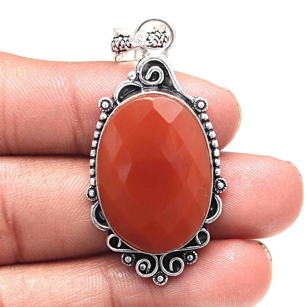 Red Onyx Faceted Gemstone Pendant Silver Jewelry Gift for Valentine's Day 2.25 Inch