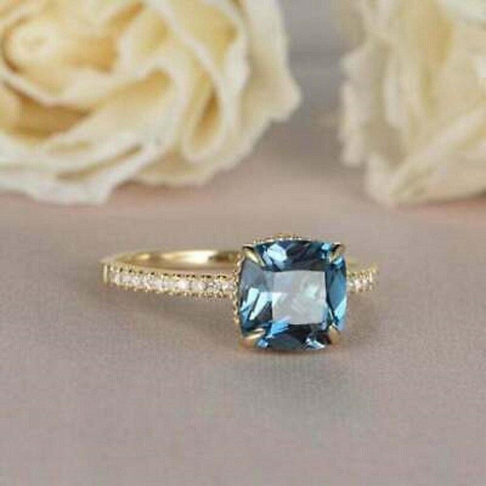 3Ct Cushion Cut Simulated London Blue Topaz Wedding Ring 14K Yellow Gold Plated