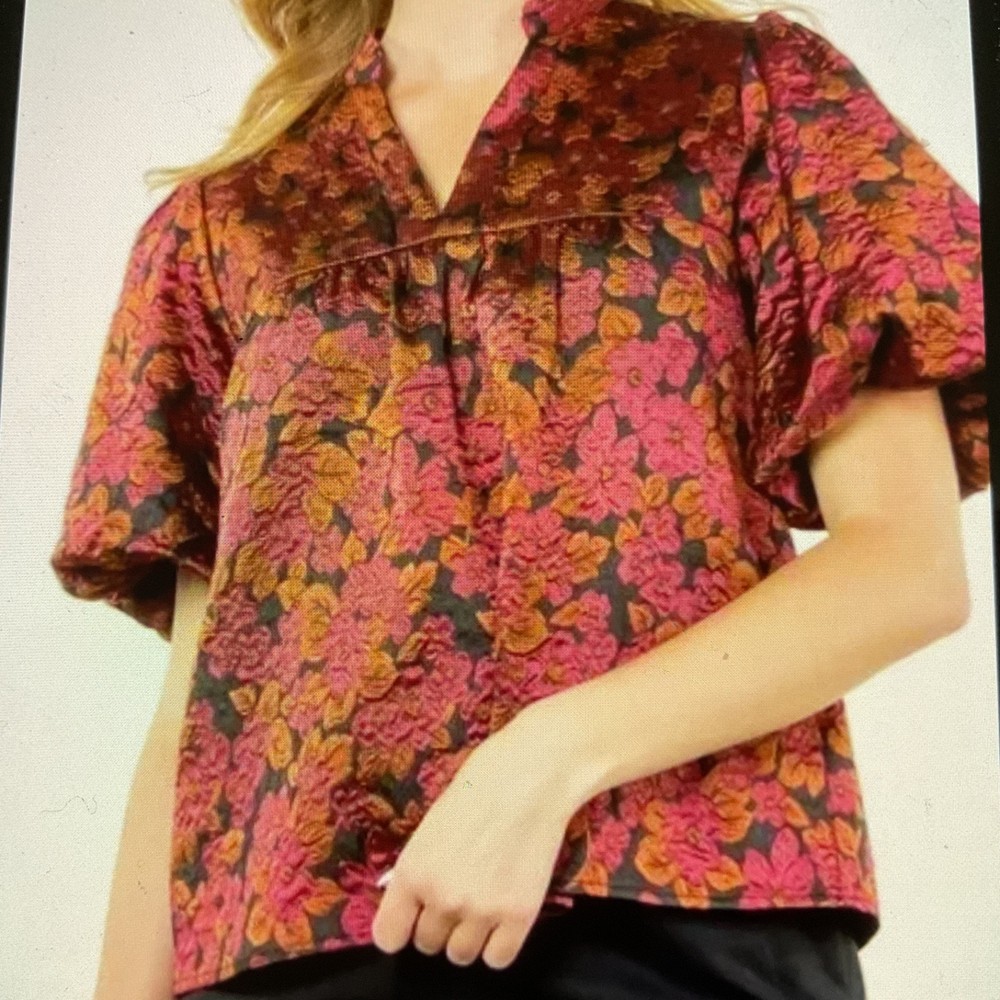 Womens THML Cecelia Puff Sleeve Floral V Neck Babydoll Short Sleeve Top, XS