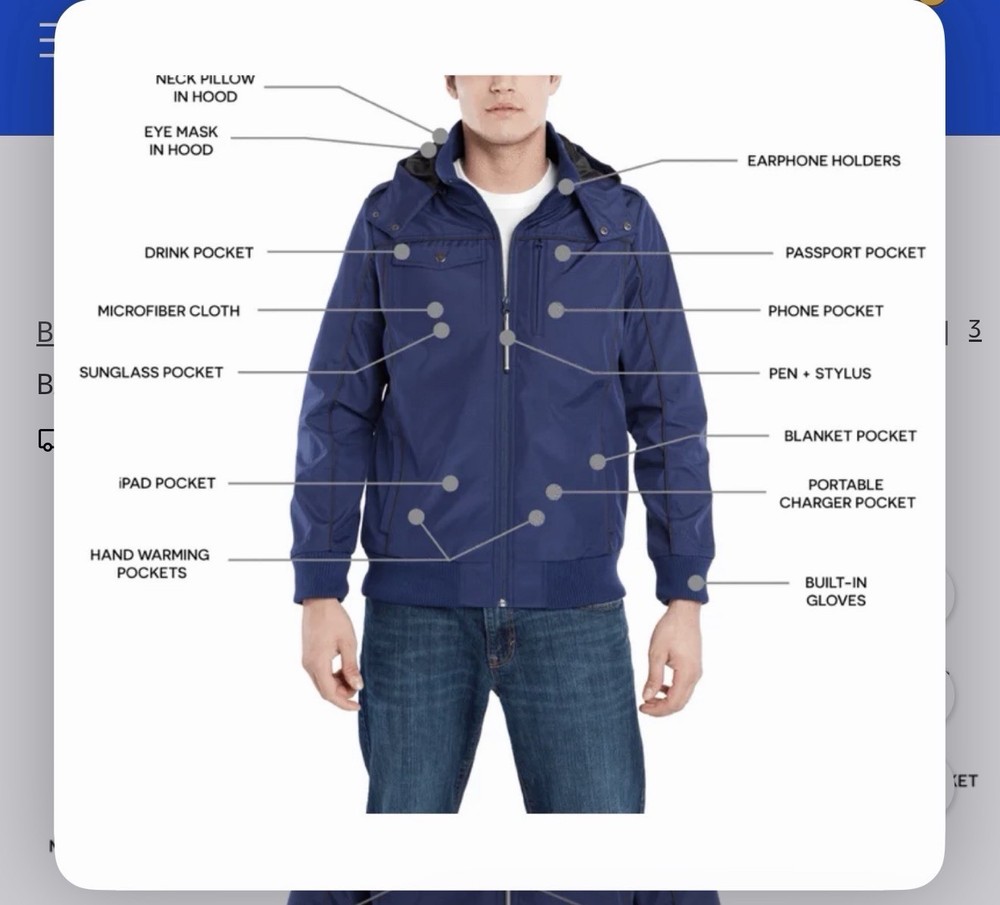 BAUBAX Mens  Full Zip Hooded Travel Bomber Jacket - many features Hoodie Blue M