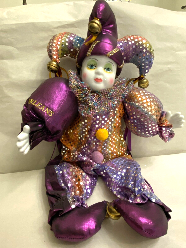 Vintage Harlequin Jester Clown Doll with Porcelain Face and Hands New Orleans Collectible