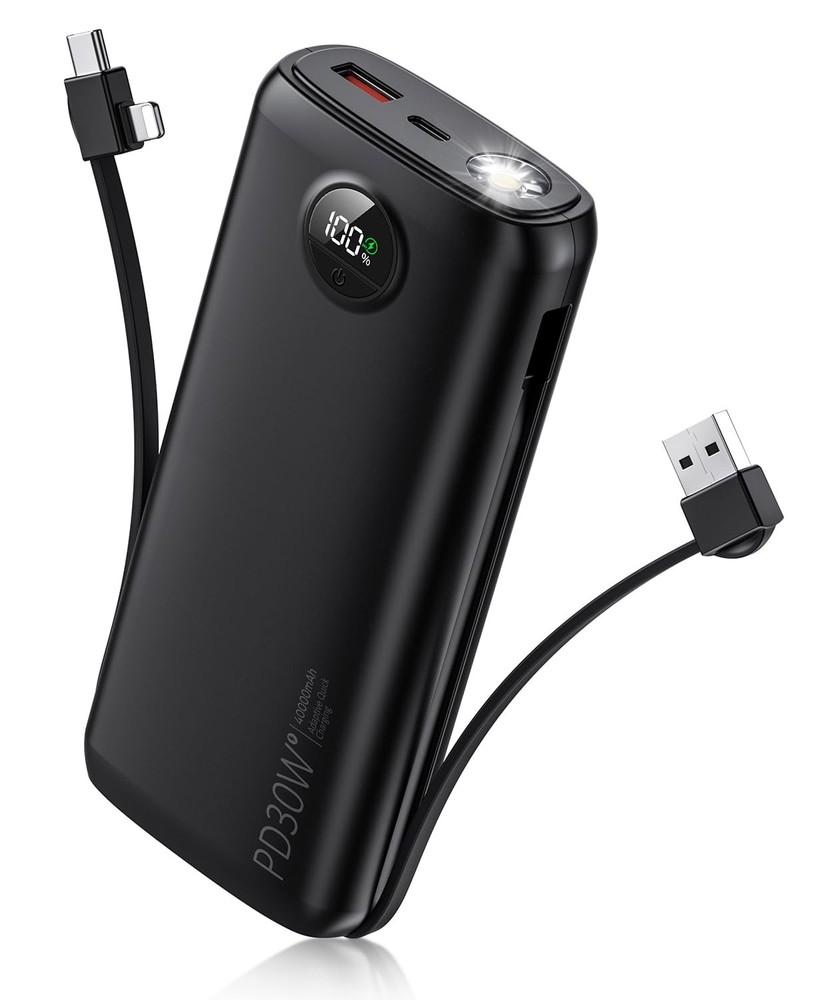 40,000mAh PD 30W Fast Charging Power Bank with Built-in Cable