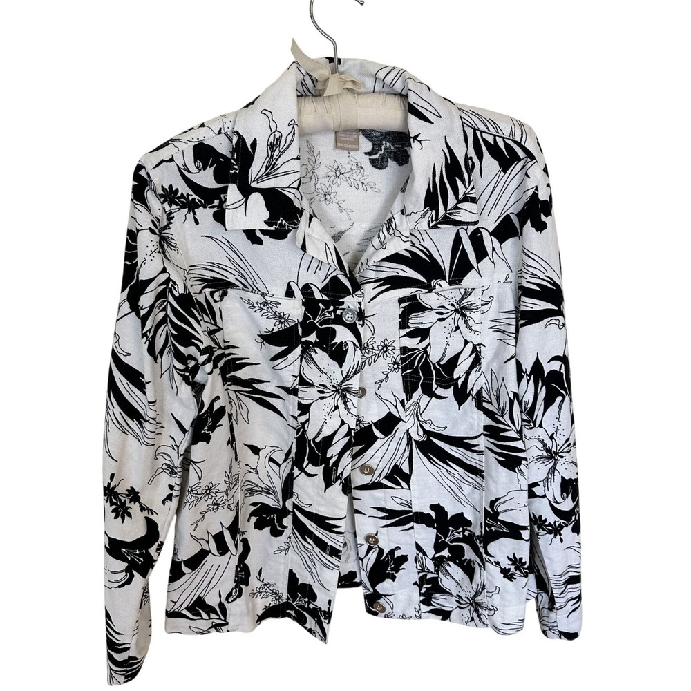 Wear It Womens Floral Black & White Button Up Shirt Jacket Large Linen
