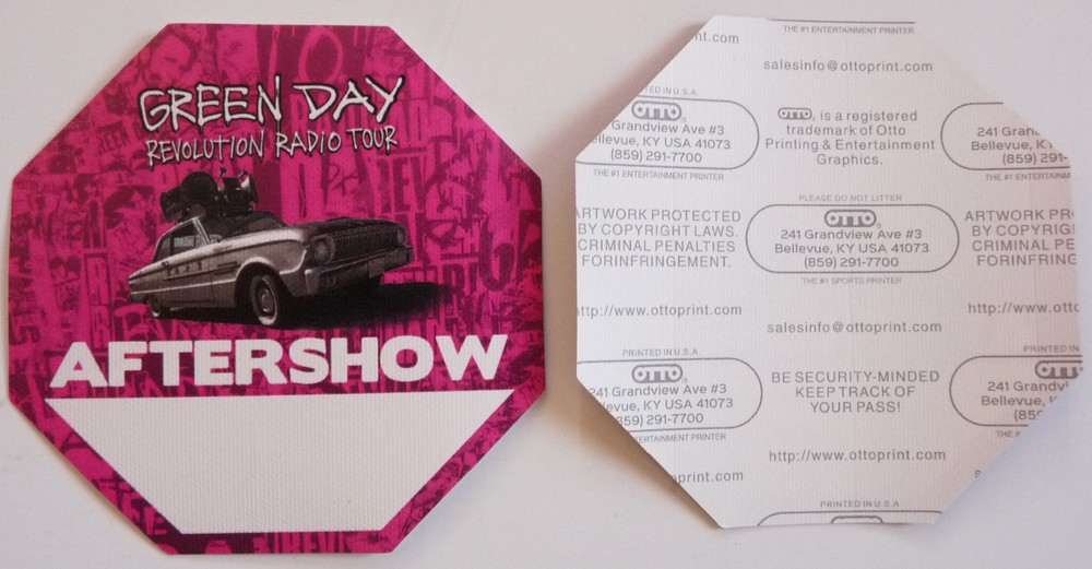 Green Day Revolution Radio Tour Concert Pink After Show Backstage Pass D6