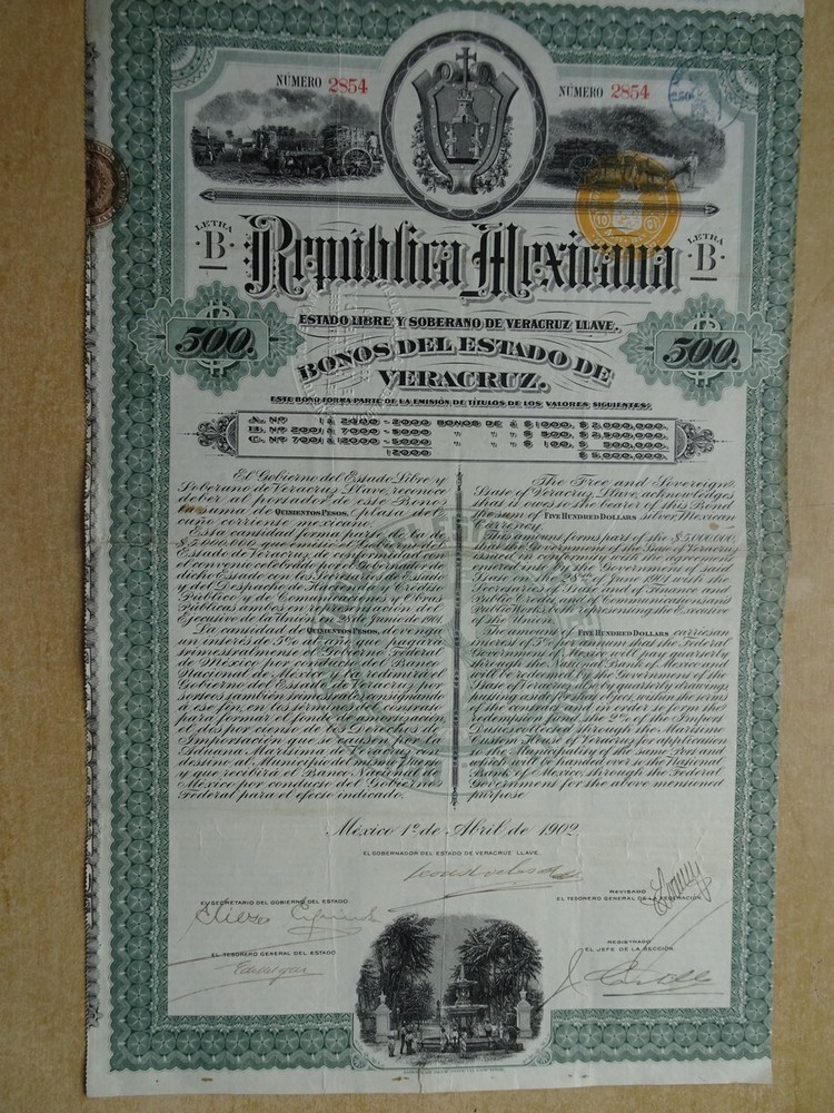 Mexico;  Republica Mexicana. Bonos del Estado de Veracruz. 5%  $ 500......1902