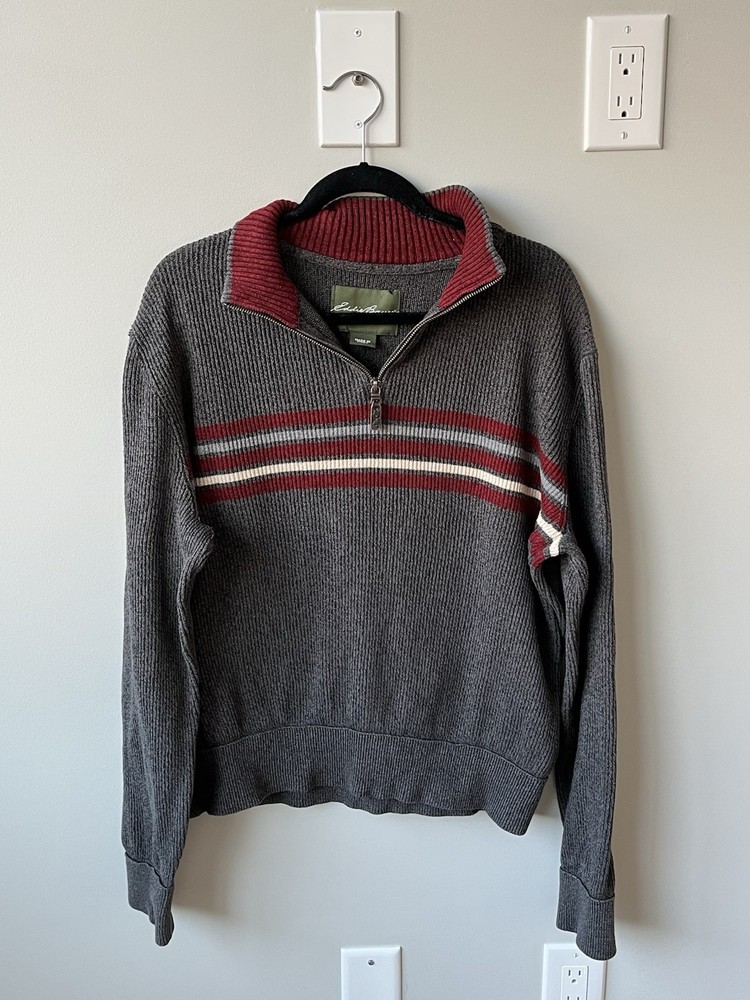 Eddie Bauer Men’s XL Gray Red Marled Chest Striped Cotton 1/4 Zip Knit Sweater