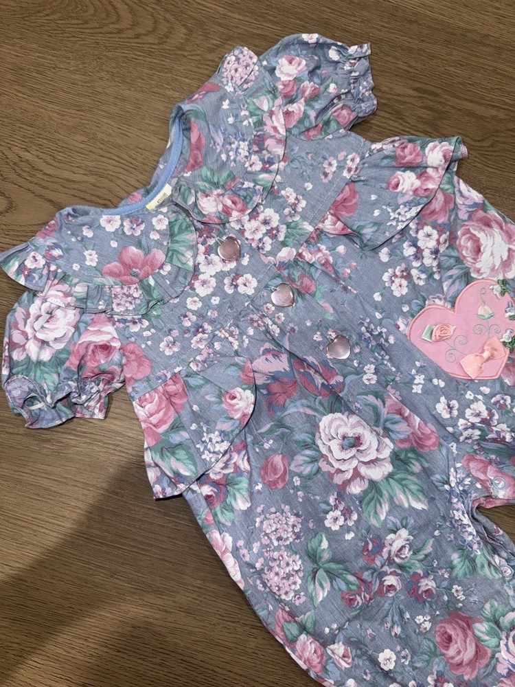 Vintage Floral Baby Girl Blue and Pink Romper-3-6Months Heart Accents