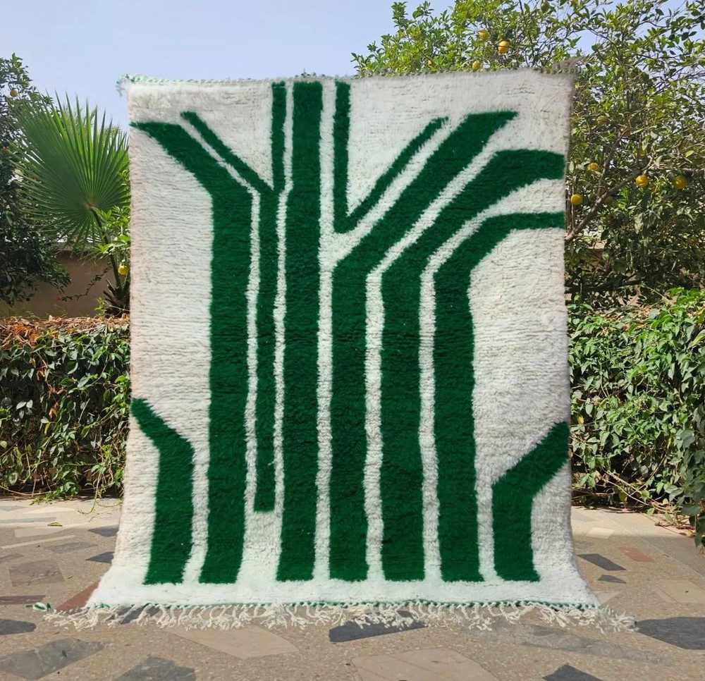 Hand Knotted Moroccan Berber Wool Rug Color Green White Design Area Carpet Rug