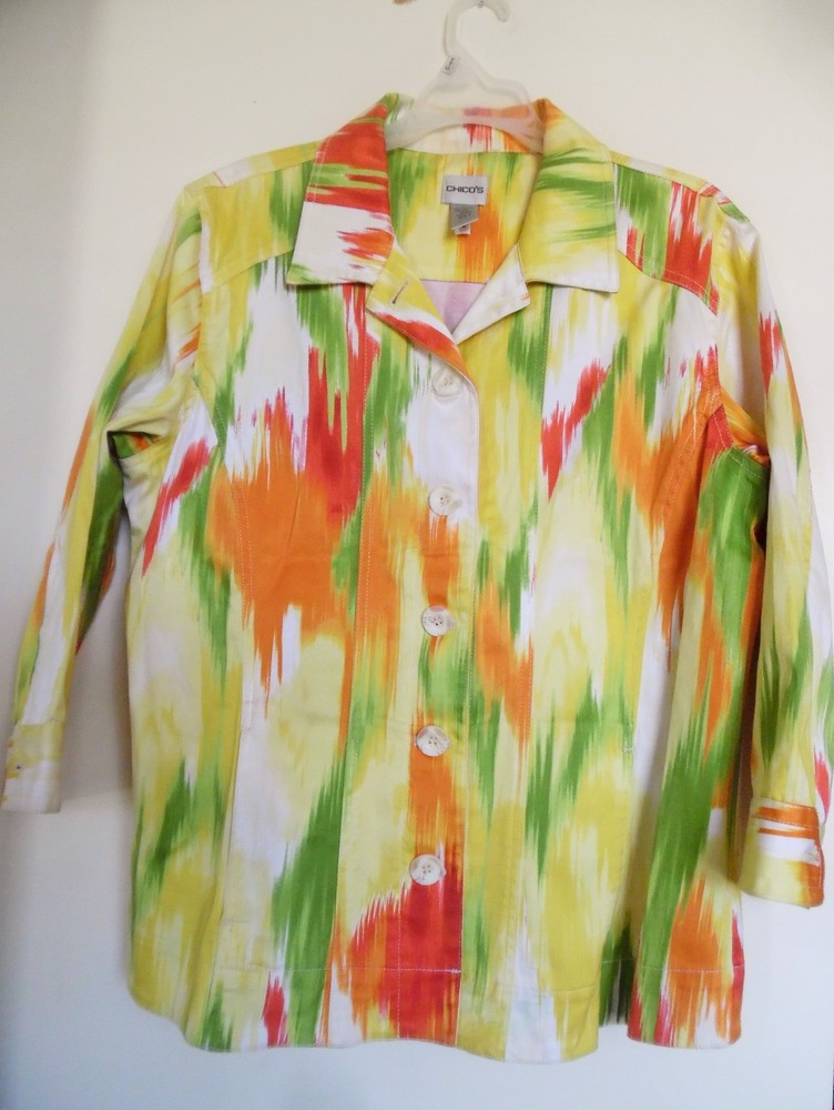 Chicos Cotton Button Front Jacket Sz 2  Multi Color