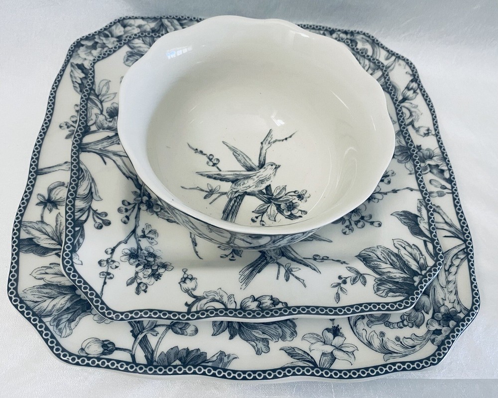 222 Fifth Adelaide Black & White 3 Piece Dinnerware SET  Birds & Floral