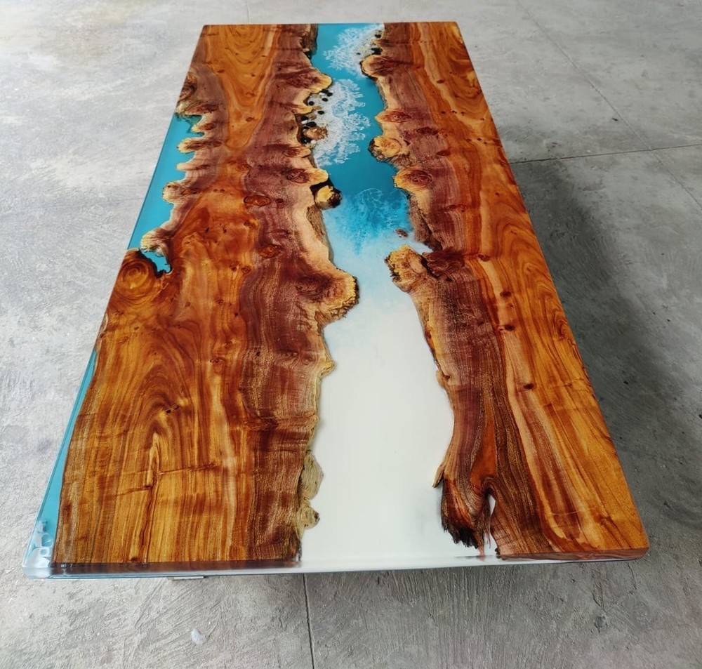 Ocean & White Epoxy Resin Dining Table Top, Live Edge Epoxy Wooden Table Top
