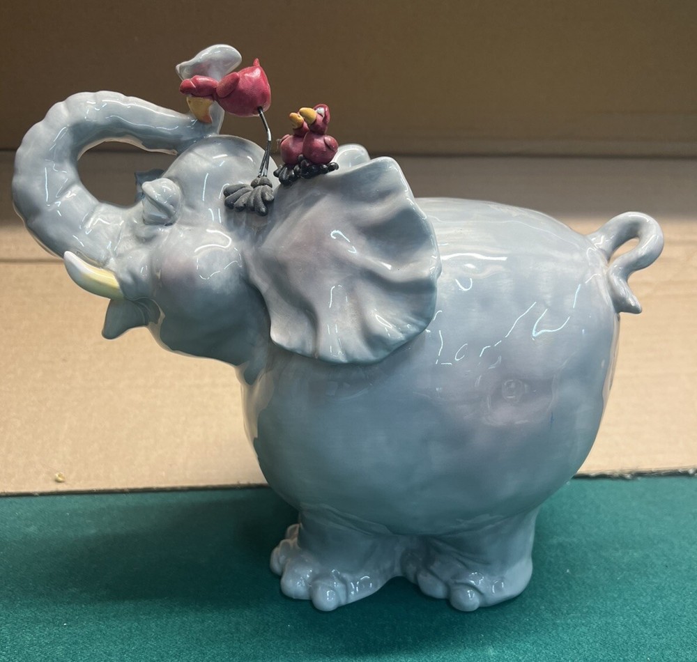 Russ Berrie “Filmore” ceramic Elephant Signed “Douglas” With Birds On Head & Ear