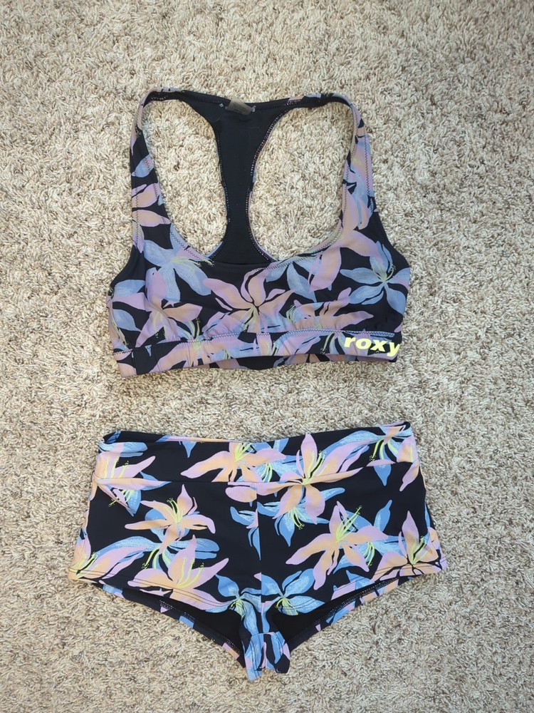 Roxy Bikini Set Top Bottom Cheeky Racerback Small Swim Suit Black Pink Floral