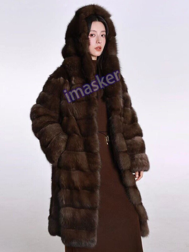 Luxury Winter Mink Fur Coat with Hood Mid-Long Warm Jacket