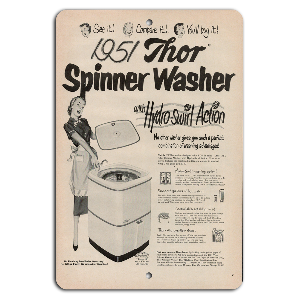 1951 Retro Thor Spinner Washer Sign – Vintage Laundry Decor