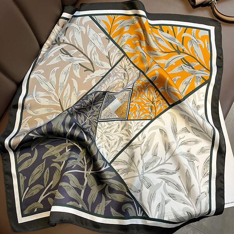 100% Silk Square Scarf for Women - Geometric Print Bandana Neckerchief Wrap 53x53cm