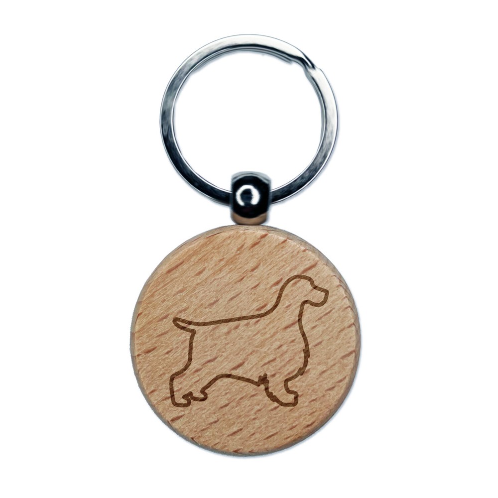 English Cocker Spaniel Dog Outline Engraved Wood Round Keychain Tag Charm