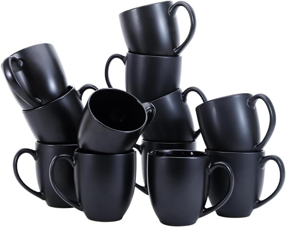 12-Pack Matte Black Ceramic Coffee Mugs, 16 oz, Stoneware, Commercial Grade