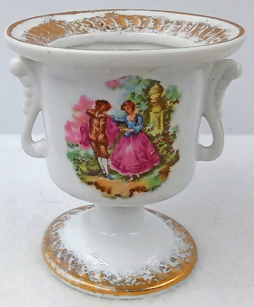 Courting Couple Miniature Urn Vase Holder Figurine White Gold Floral Japan Vtg