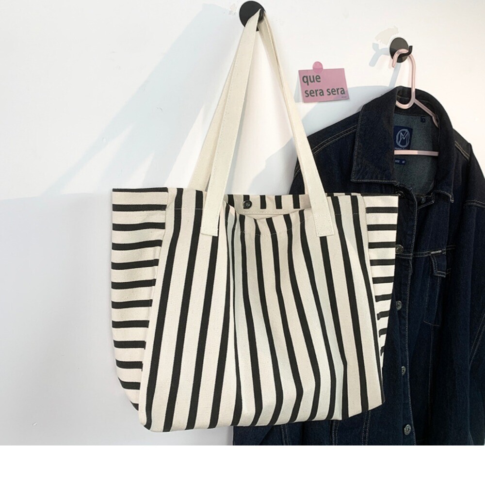 Women's Striped Canvas Beach Tote - Large Capacity Shoulder Shopping Bag