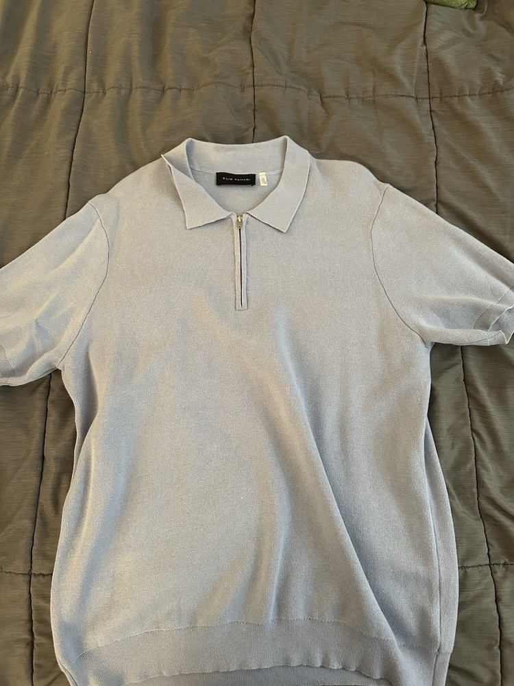 Men’s Medium Elie Tahari Blue Cotton Quarter Zip Summer Short Sleeve Polo Shirt