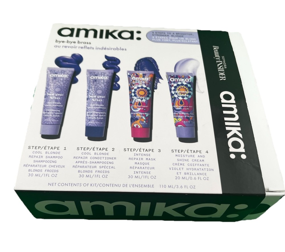 Amika Bye Bye Brass Blonde Toning Shampoo Conditioner Mask & Cream Set