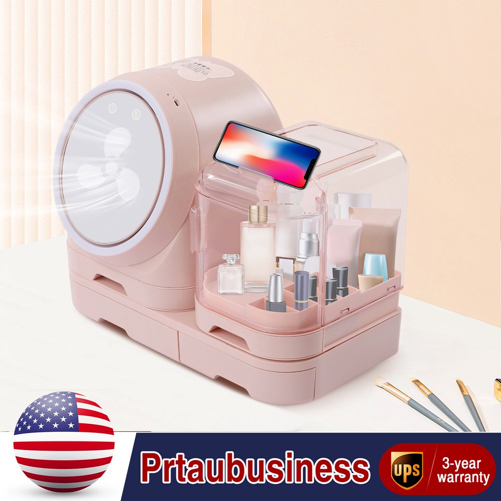 LED HD Mirror Makeup Storage Box Tabletop Cosmetic Organizer Case & Built-in Fan