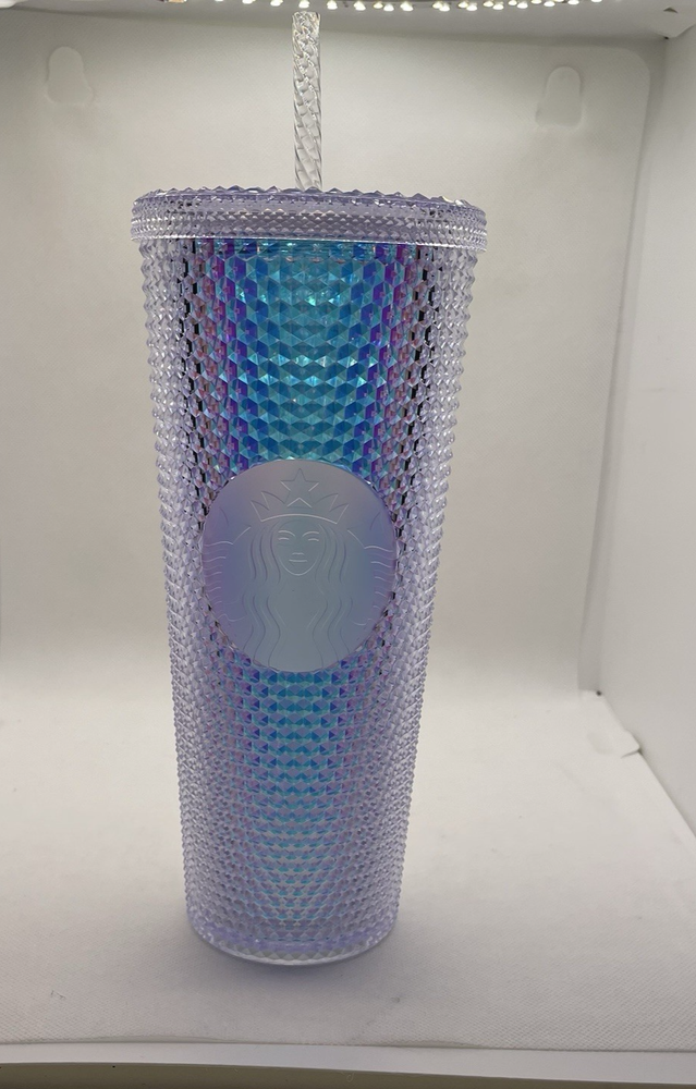 Starbucks Tumbler 2021 Crystal Diamond Studded Iridescent Cold Cup 24 Oz & Straw