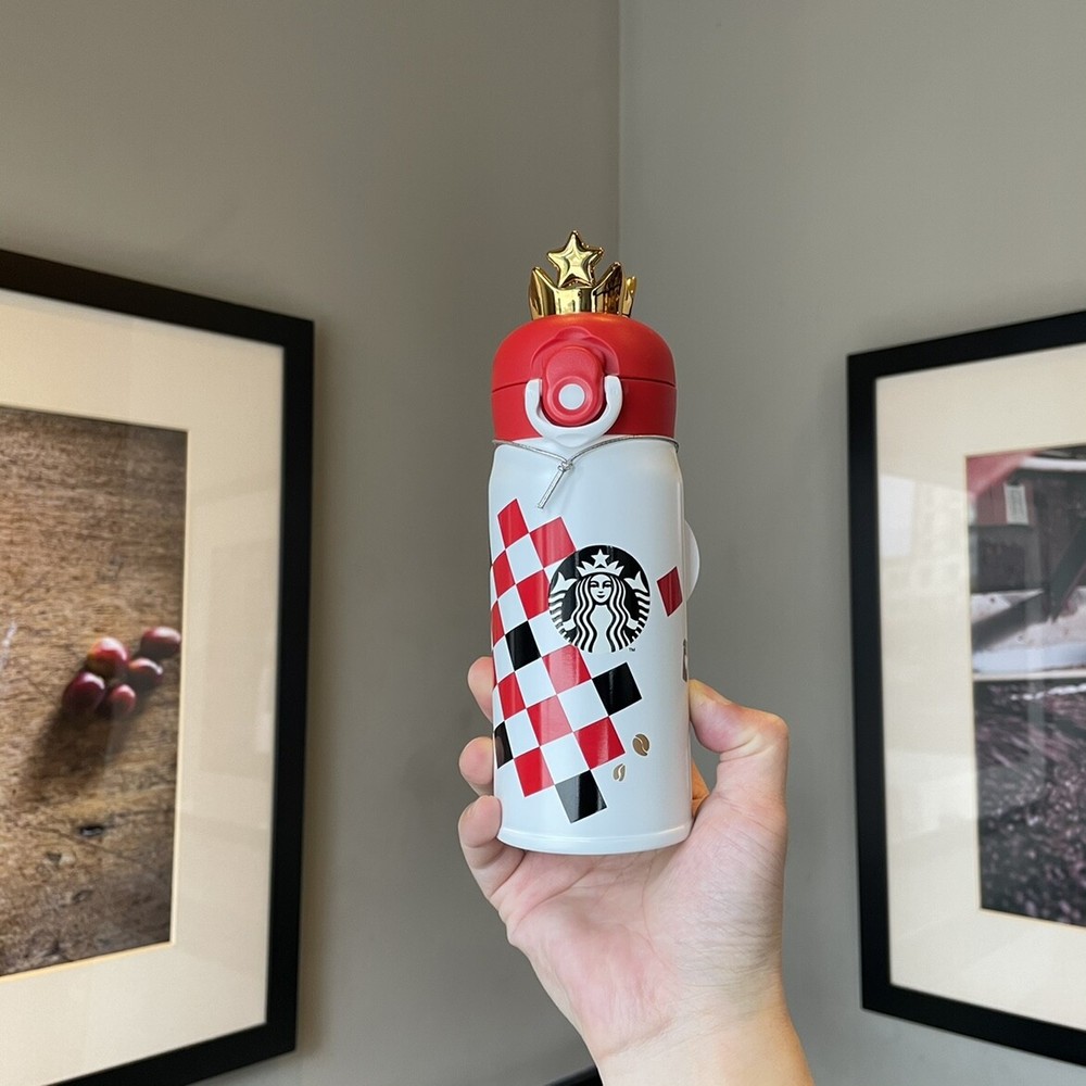New 2022 China Starbucks Valentine's Day Red Checkerboard Crown 12oz Thermos Cup