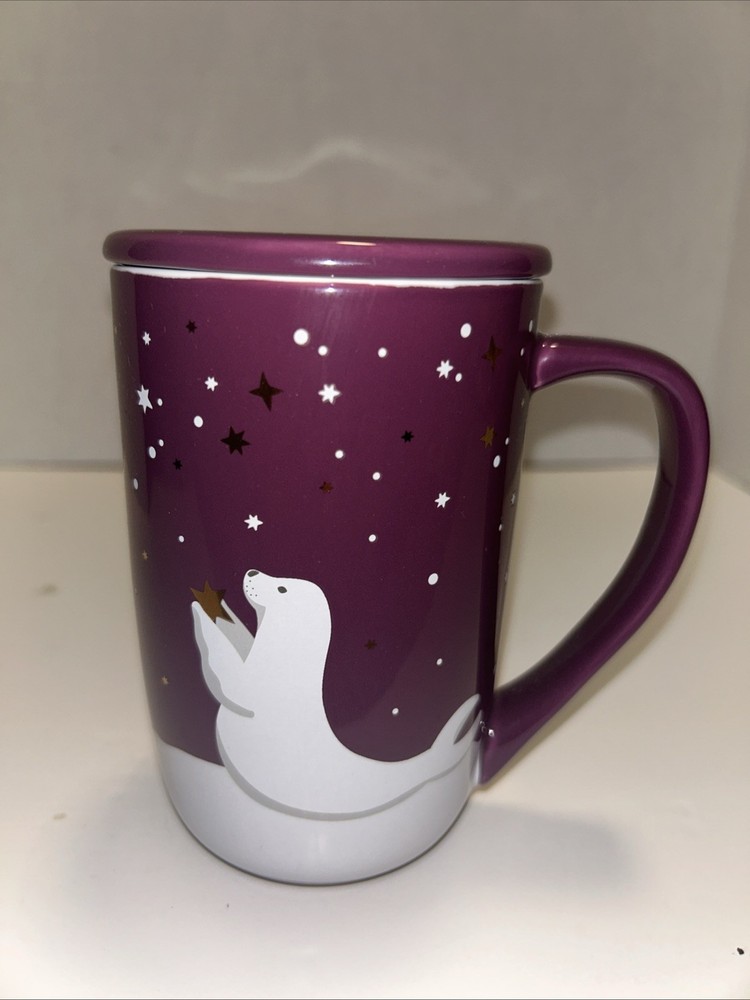 DAVID’S TEA Nordic Mug Purple Plum White Seal Gold Stars Design Winter Snow