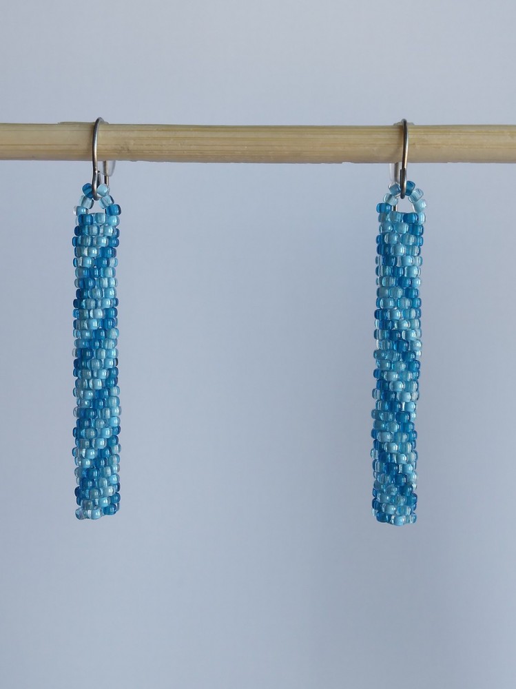 Dangle Earrings Seed Beaded Blue Spiral Jewelry with Titanium Hooks