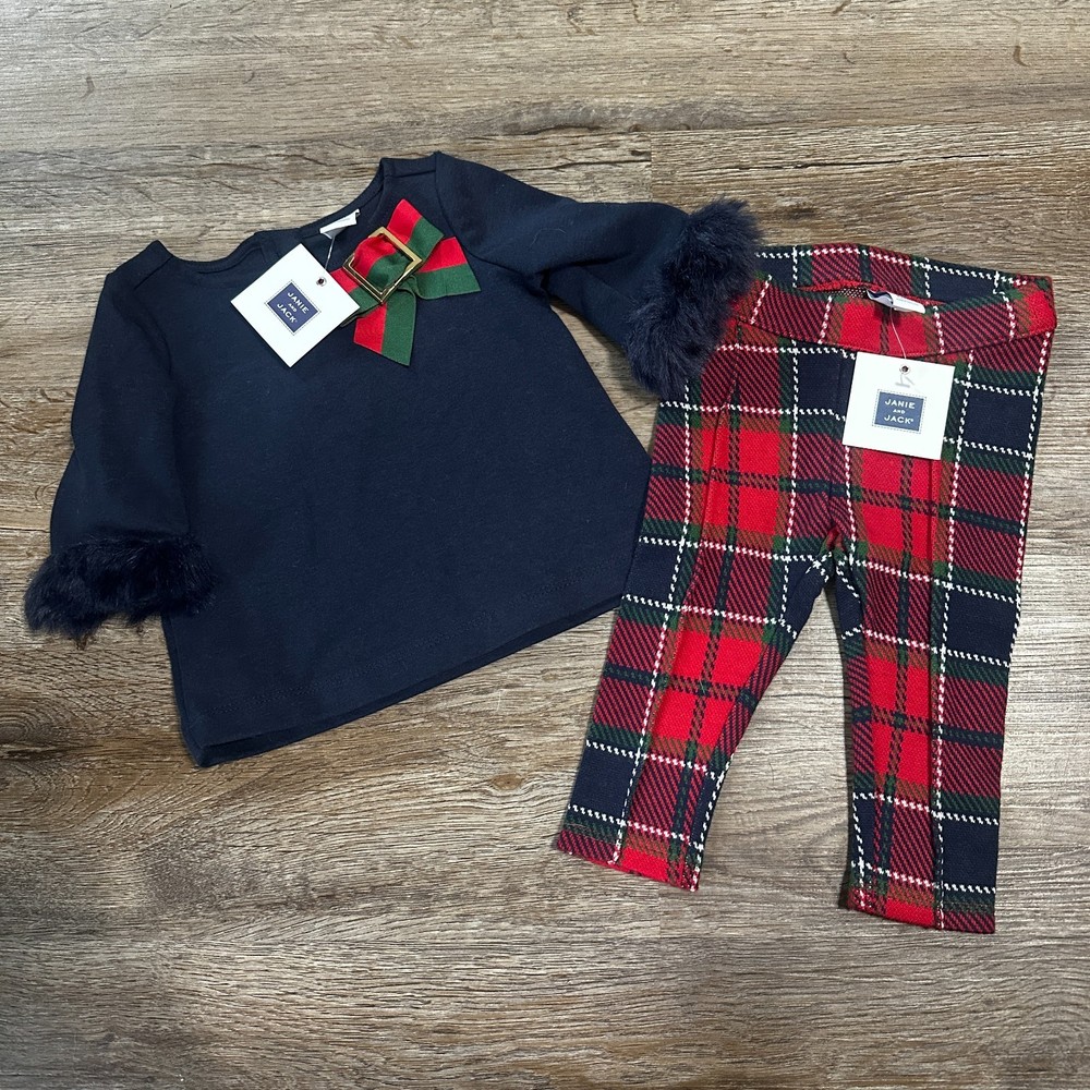 NWT Janie and Jack Girls 3-6 Months Tartan Plaid Long Sleeve Pant Set Christmas