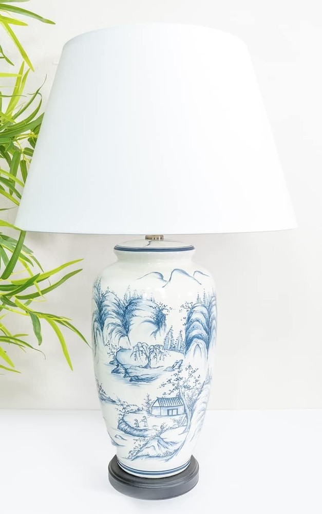DOWNTON INTERIORS Large White Chinese Oriental Ceramic Porcelain Table Lamp Blue
