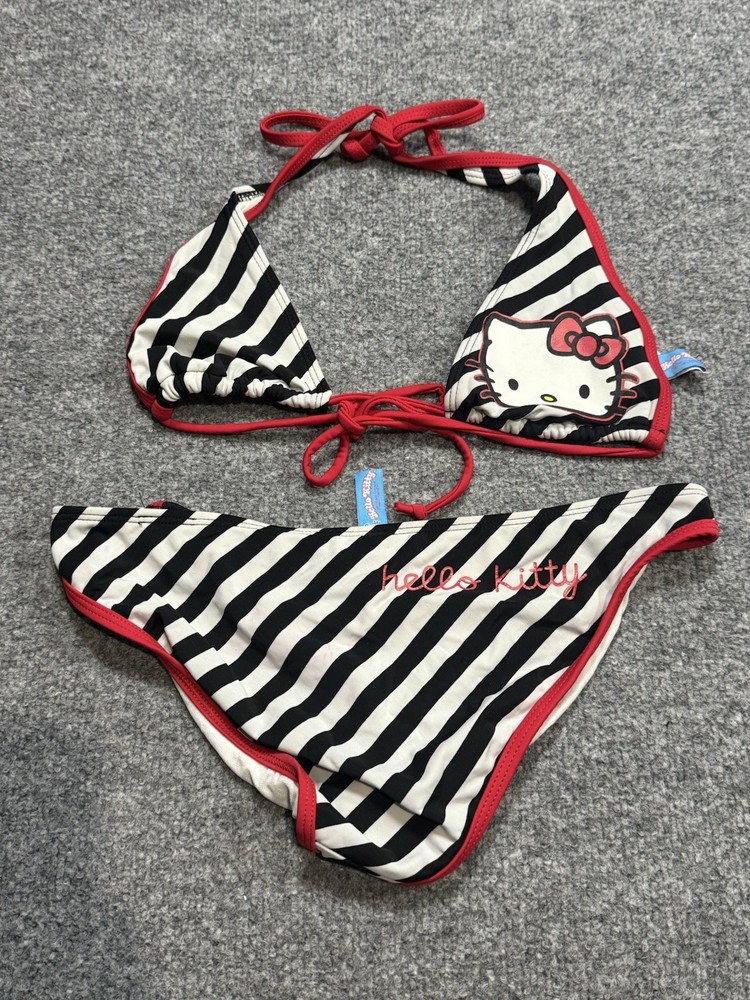 Vintage Sanrio 2006 Hello Kitty Bikini Swim Suit Black & White Stripe Size M Set