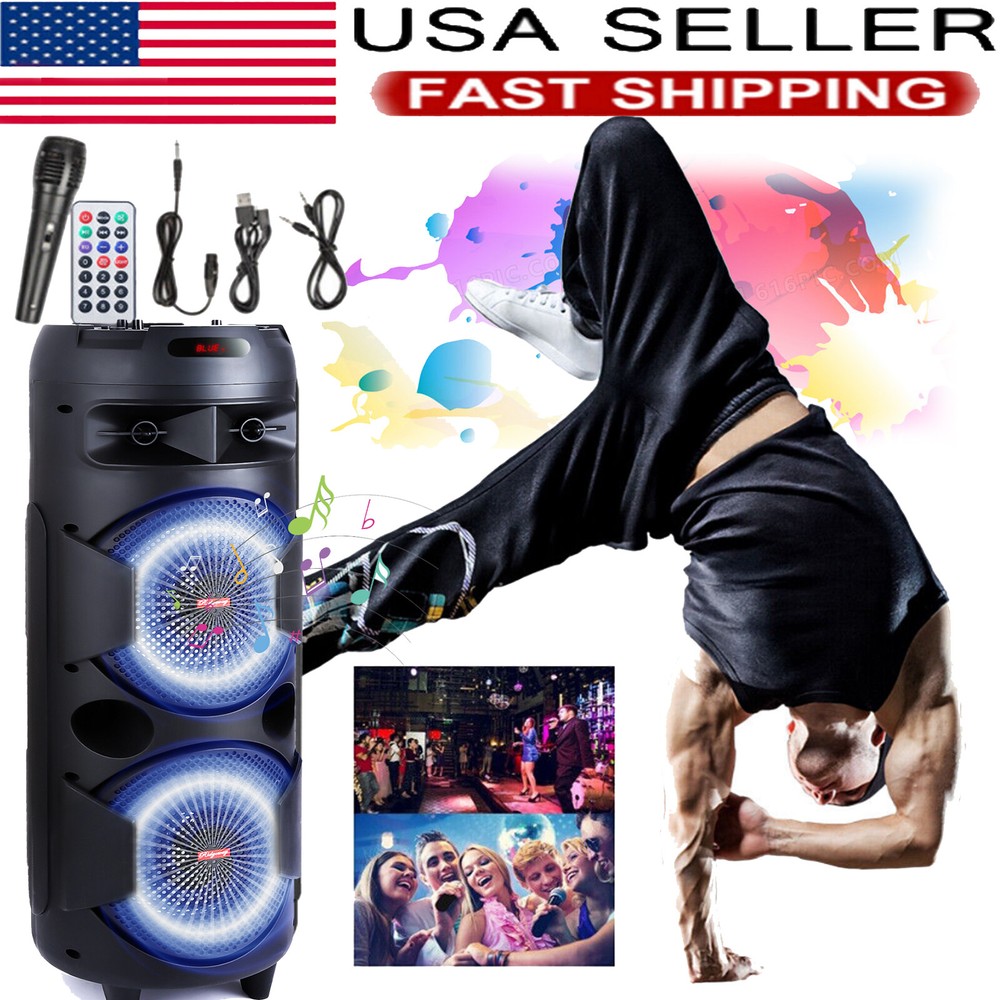 Portable 8-Inch Dual Woofer Bluetooth Party Speaker with Heavy Bass FM Radio Mic Remote  