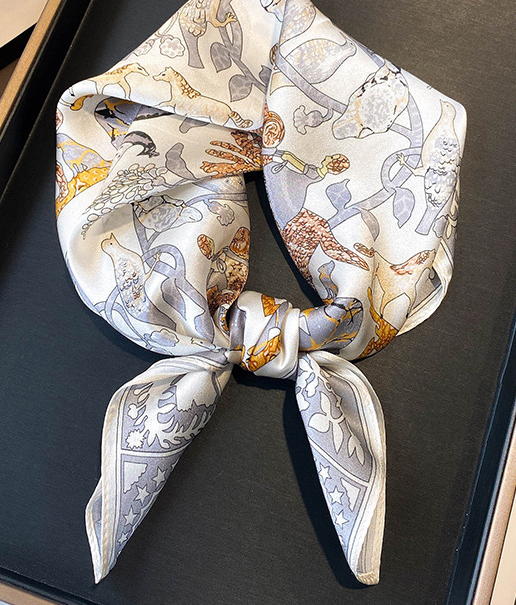 100% Silk 21-Inch White Bird Print Scarf for Women MHQ001