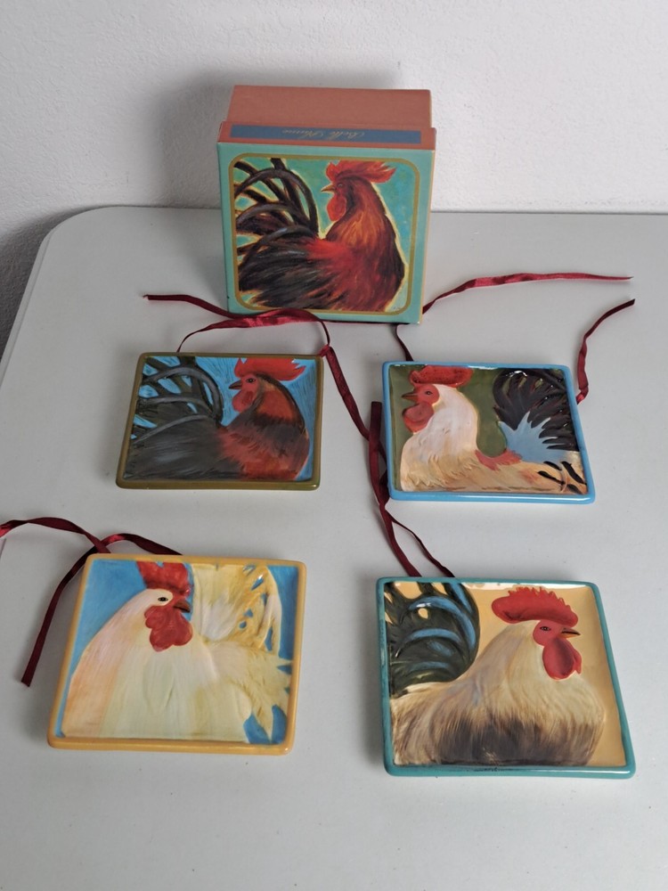 MWW Market Belle Plume ROOSTER Ceramic Decorative Mini Plaques Set of 4