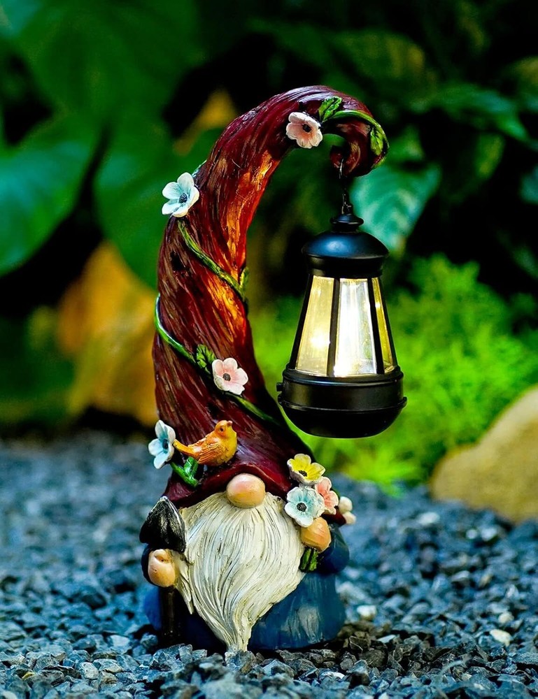 Solar-Powered Gnome Garden Statue with Lantern Light for Yard Decor