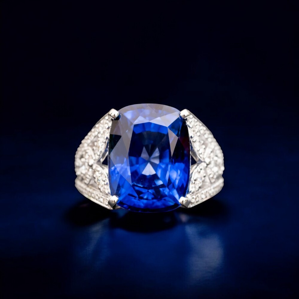 18K Gold Wedding Ring Real Diamond 18 Ct Cushion Cut Lab Grown Blue Sapphire