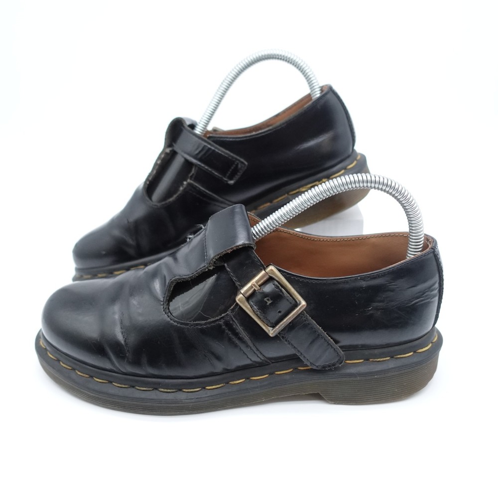 Dr Martens Polley Shoes Womens UK 5 Black Leather Strap Buckle Punk Chunky Retro
