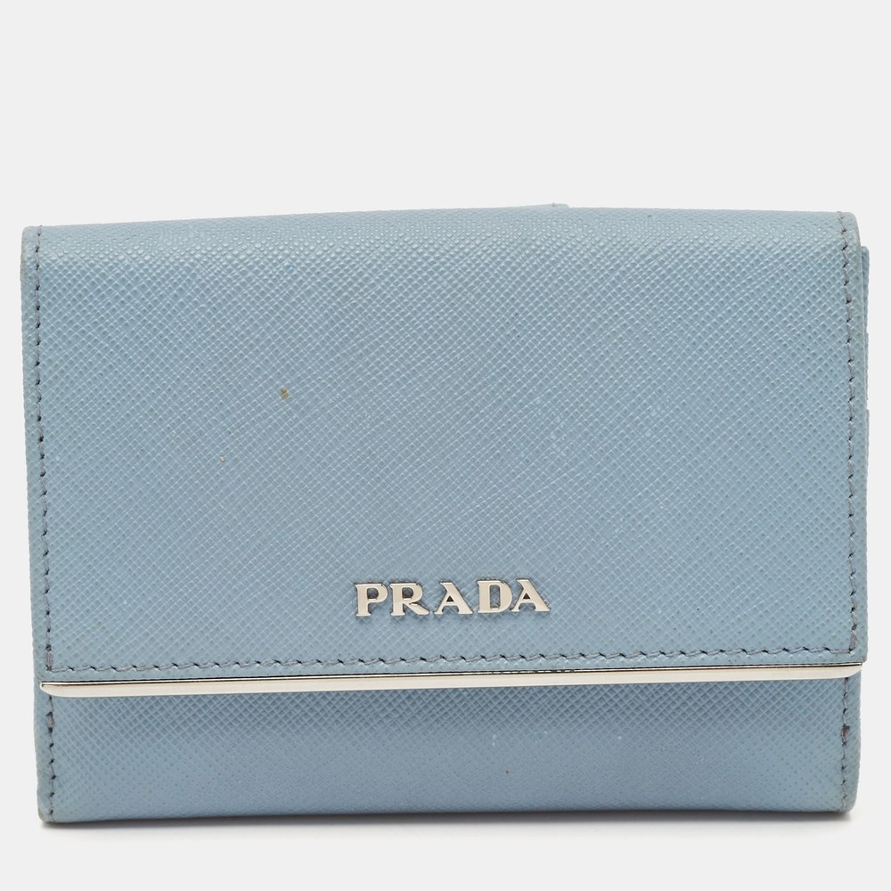 Prada Light Blue Leather French Wallet with Metal Bar