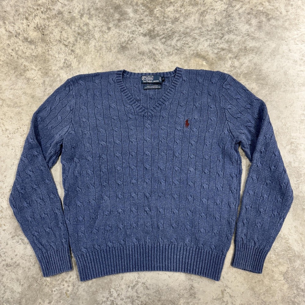 Vintage Polo Ralph Lauren Sweater Mens Medium Blue Silk Cable Knit V Neck 90s