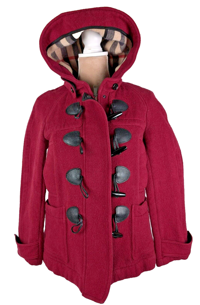 Burberry Brit Finsdale Wool Duffel Coat US 4 Red Peacoat Nova Check Toggle Hood