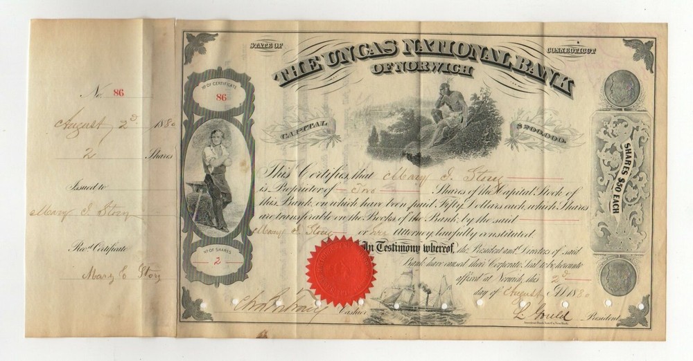 1880 Uncas National Bank of Norwich Stock Certificate